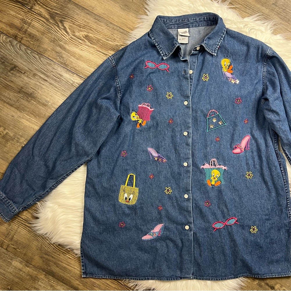 Vintage Tweety Bird Embellished Oversized Denim Shirt